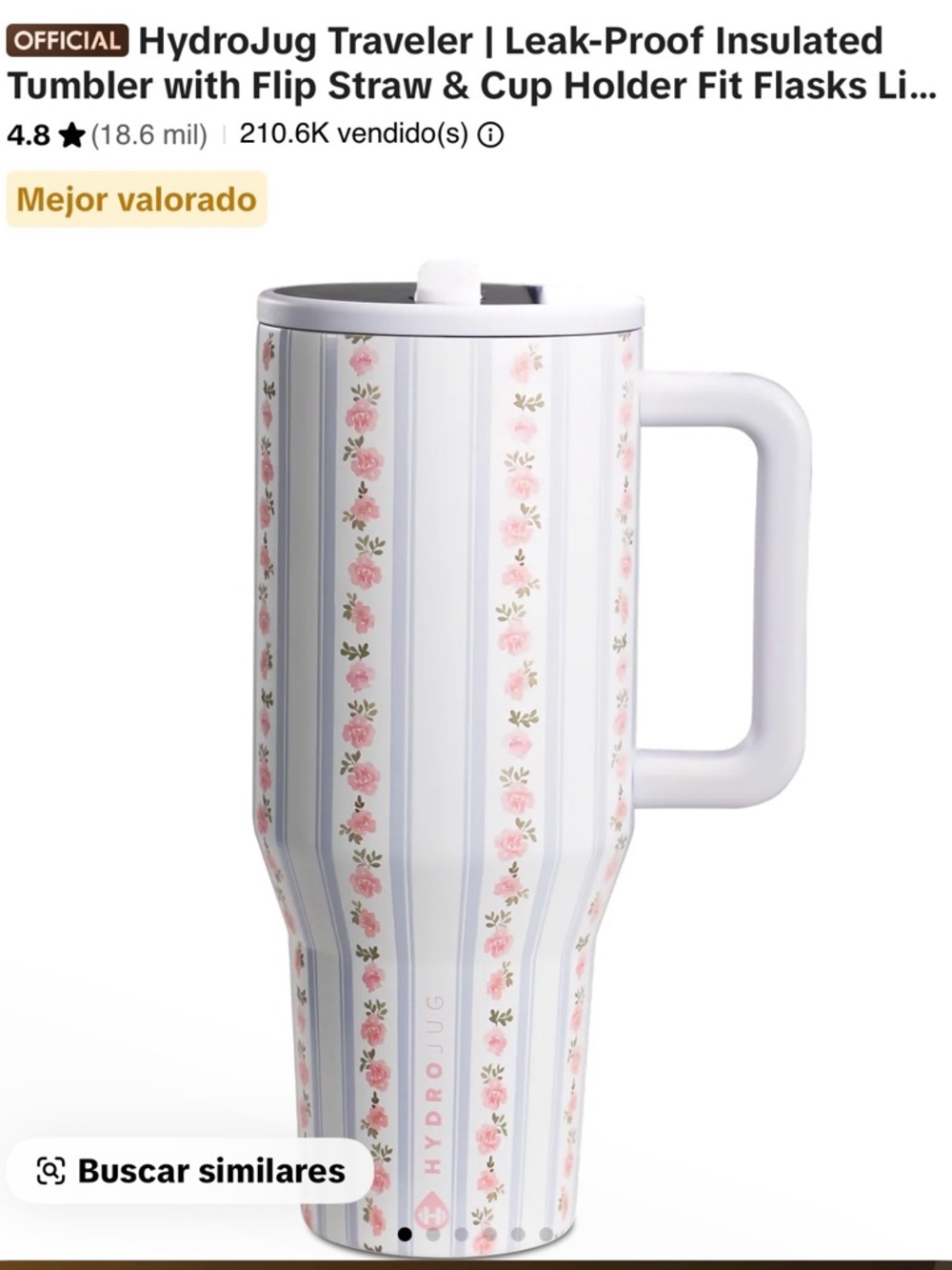 HydroJug White & Pink Floral Stripe Insulated Tumbler with Handle